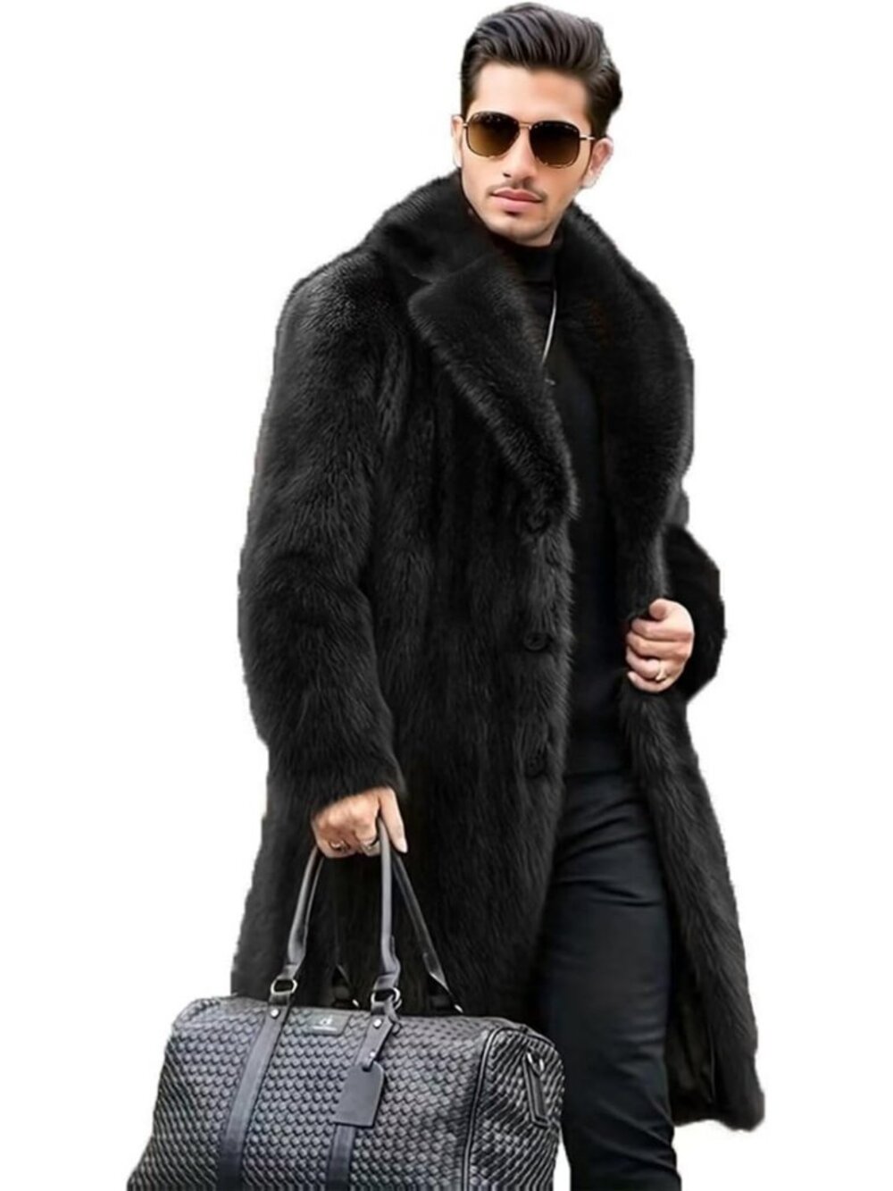Men's Long Faux Fur Coat - Thick Fluffy Winter Trench Jacket for Cold Weather